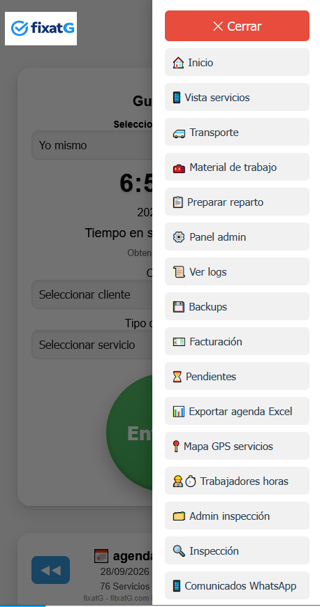 Menú principal de fixatG con sus módulos de gestión