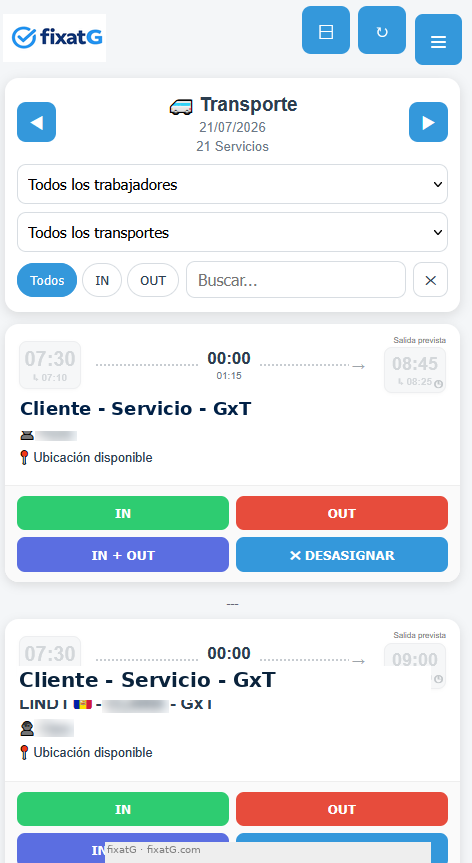 Módulo de transporte de fixatG con asignaciones IN y OUT