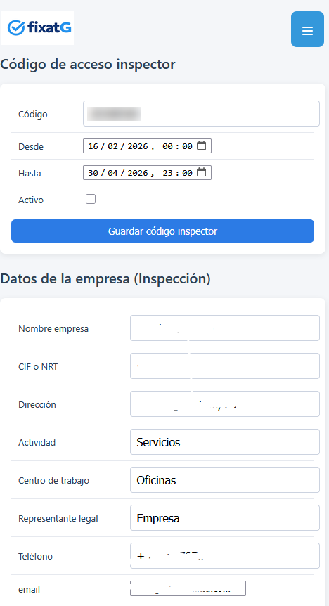 Configuración de código de acceso de inspector en fixatG